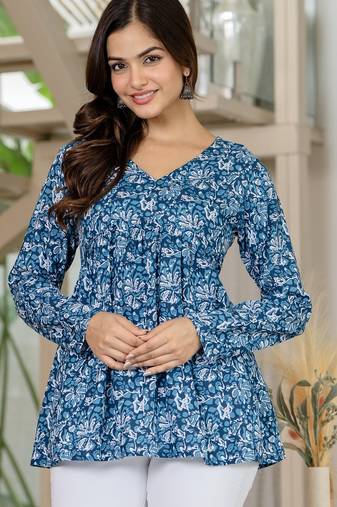 Blue floral printed cotton tunic short kurti top for women