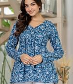 Blue floral printed cotton tunic short kurti top for women
