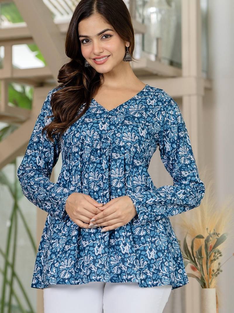 Blue floral printed cotton tunic short kurti top for women