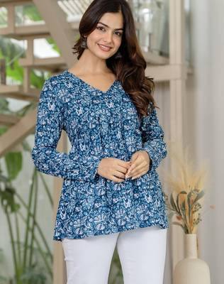 Blue floral printed cotton tunic short kurti top for women 2