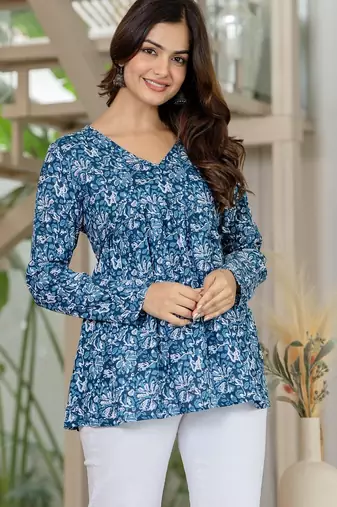 Blue floral printed cotton tunic short kurti top for women