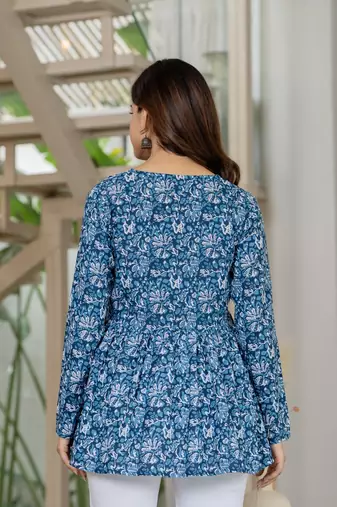 Blue floral printed cotton tunic short kurti top for women