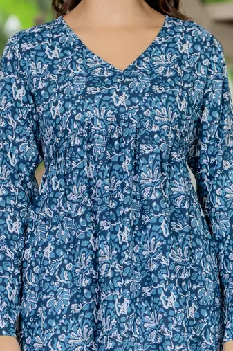 Blue floral printed cotton tunic short kurti top for women