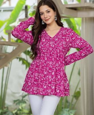 Pink floral printed cotton tunic short kurti top for women 1