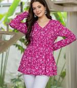 Pink floral printed cotton tunic short kurti top for women