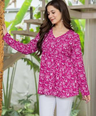 Pink floral printed cotton tunic short kurti top for women 2