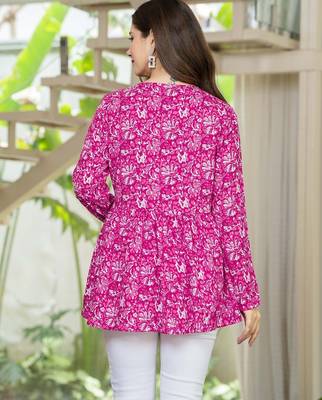 Pink floral printed cotton tunic short kurti top for women 4