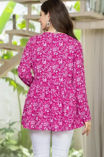 Pink floral printed cotton tunic short kurti top for women