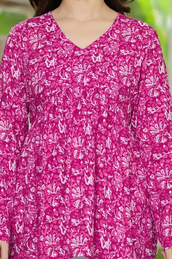 Pink floral printed cotton tunic short kurti top for women