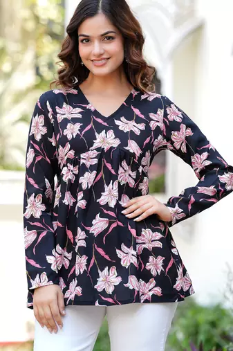 Black floral printed cotton tunic short kurti top for women