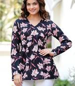 Black floral printed cotton tunic short kurti top for women