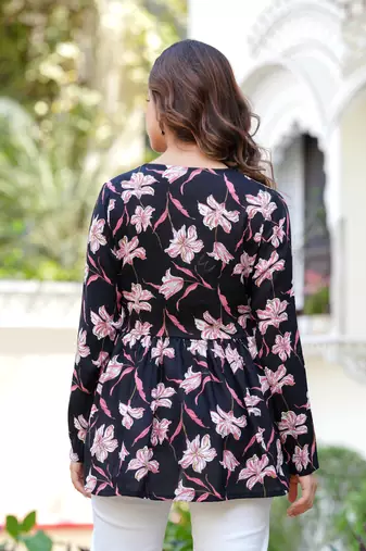 Black floral printed cotton tunic short kurti top for women