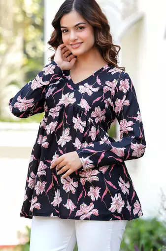 Black floral printed cotton tunic short kurti top for women