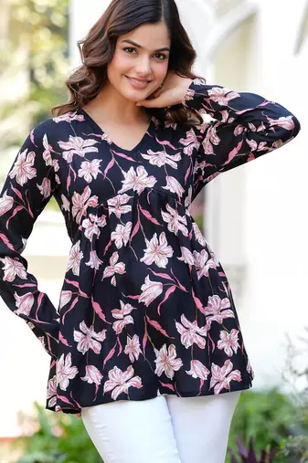 Black floral printed cotton tunic short kurti top for women