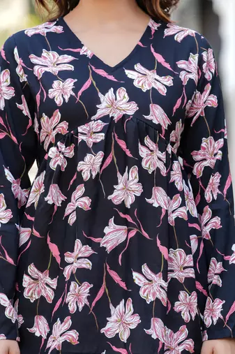 Black floral printed cotton tunic short kurti top for women