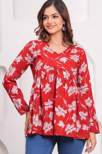 Red floral printed cotton tunic short kurti top for women