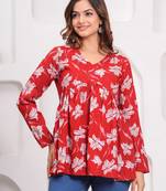 Red floral printed cotton tunic short kurti top for women