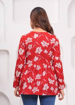 Red floral printed cotton tunic short kurti top for women 2