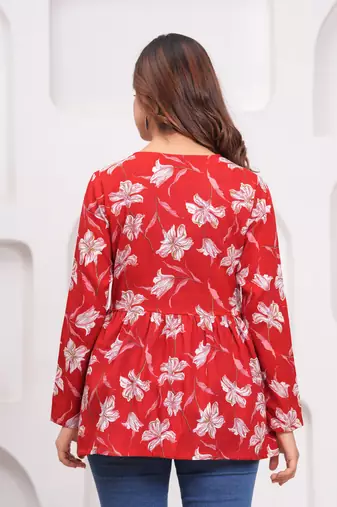 Red floral printed cotton tunic short kurti top for women