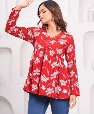 Red floral printed cotton tunic short kurti top for women 3