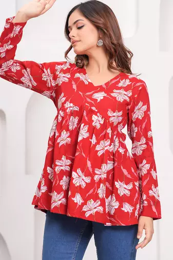 Red floral printed cotton tunic short kurti top for women