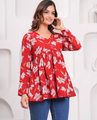 Red floral printed cotton tunic short kurti top for women 4
