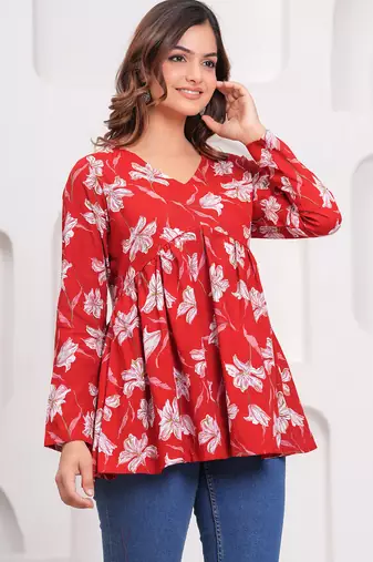 Red floral printed cotton tunic short kurti top for women