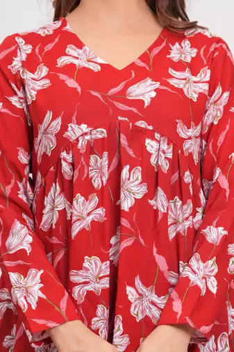 Red floral printed cotton tunic short kurti top for women