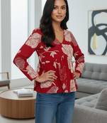 Red floral printed cotton tunic short kurti top for women