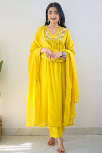 Yellow embroidered cotton kurta pant with dupatta