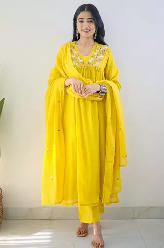 Yellow embroidered cotton kurta pant with dupatta