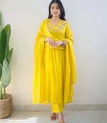 Yellow embroidered cotton kurta pant with dupatta