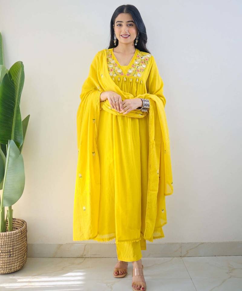 Yellow embroidered cotton kurta pant with dupatta