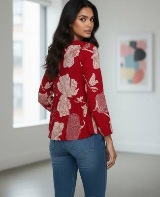 Red floral printed cotton tunic short kurti top for women 3