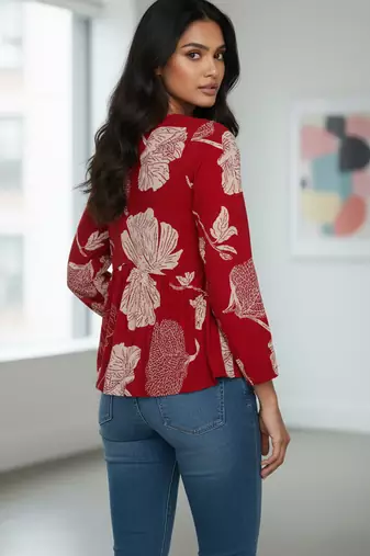 Red floral printed cotton tunic short kurti top for women