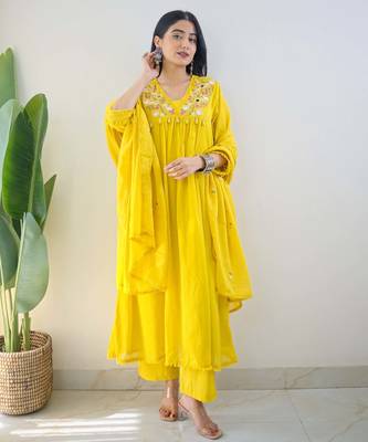 Yellow embroidered cotton kurta pant with dupatta 2
