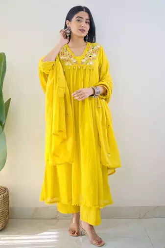 Yellow embroidered cotton kurta pant with dupatta