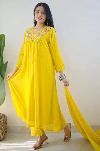 Yellow embroidered cotton kurta pant with dupatta