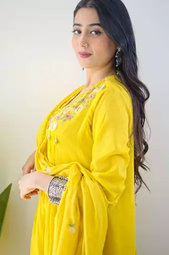 Yellow embroidered cotton kurta pant with dupatta