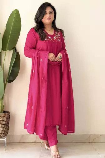 Pink embroidered cotton kurta pant with dupatta