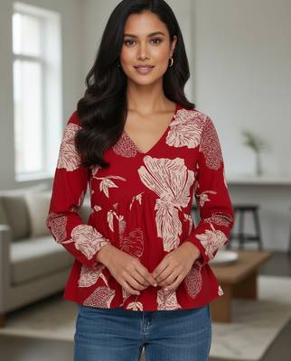 Red floral printed cotton tunic short kurti top for women 4