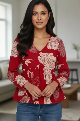 Red floral printed cotton tunic short kurti top for women