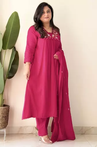 Pink embroidered cotton kurta pant with dupatta