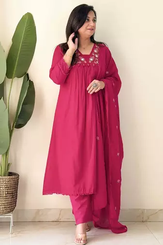 Pink embroidered cotton kurta pant with dupatta