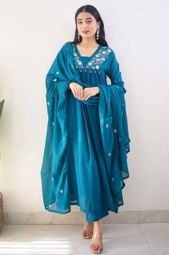 Blue embroidered cotton kurta pant with dupatta