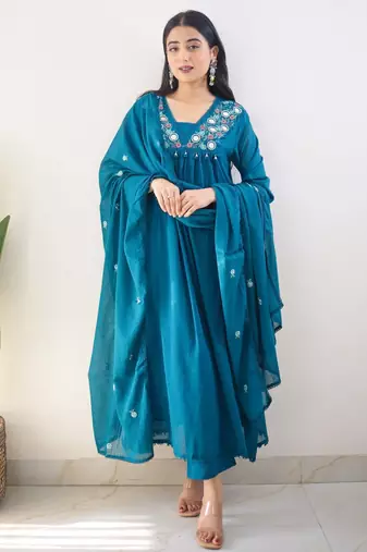 Blue embroidered cotton kurta pant with dupatta