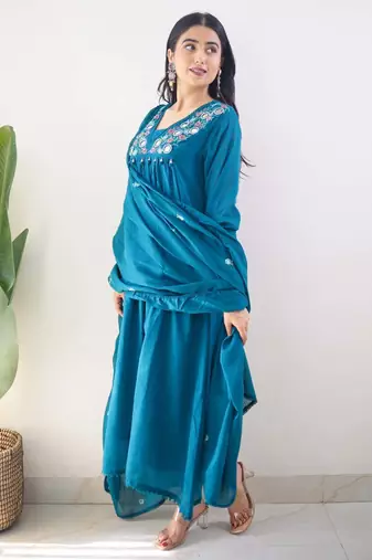 Blue embroidered cotton kurta pant with dupatta