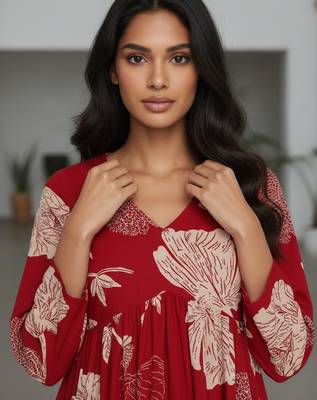 Red floral printed cotton tunic short kurti top for women 5