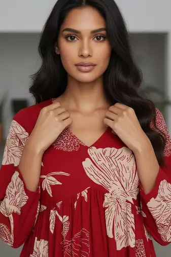Red floral printed cotton tunic short kurti top for women