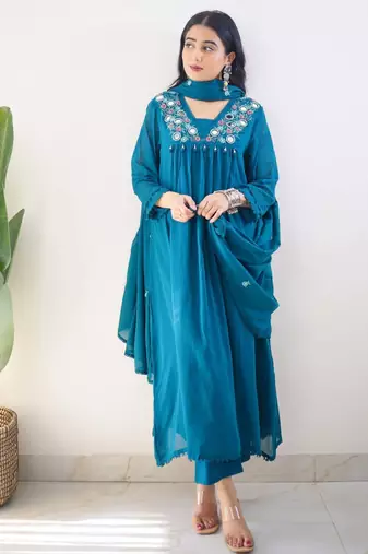 Blue embroidered cotton kurta pant with dupatta